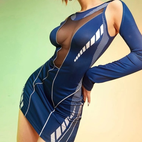 NWT Geo Print Contrast Mesh Cut Out Bodycon Dress - Picture 3 of 3